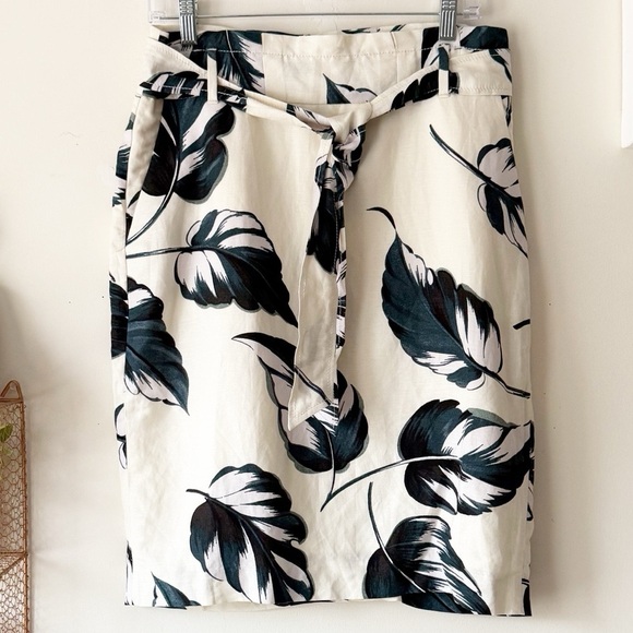 Ann Taylor Ivory Teal Leaves Linen Blend Tie Waist Pencil Skirt Size 8 Petite - Picture 2 of 15
